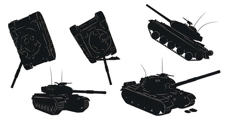 Flipped Over & Rolled Tank Wreckage Silhouette Set isolated on plain white background.のイラスト素材