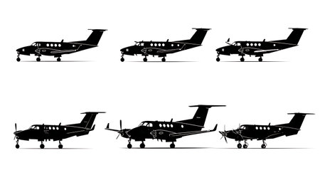 Executive Twin-Turboprop Aircraft Silhouette Set isolated on plain white background.のイラスト素材