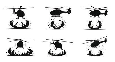 Helicopter Dusty Landing (Brownout) Silhouette Set isolated on plain white background.のイラスト素材