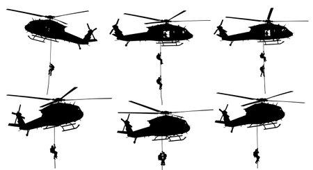 Helicopter Fast Rope Troop Deployment Silhouette Collection isolated on plain white background.のイラスト素材