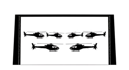 Helicopter Inside Hangar Silhouette Set of Six isolated on plain white background.のイラスト素材