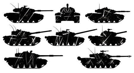 Grunge & Distressed Battle-Worn Tank Silhouette Pack isolated on plain white background.のイラスト素材