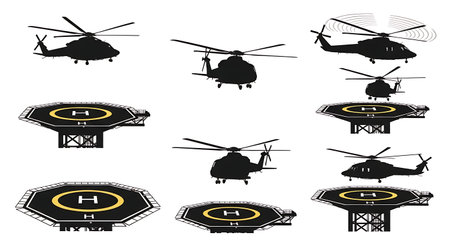 Helicopter & Offshore Oil Rig Platform Silhouette Set isolated on plain white background.のイラスト素材