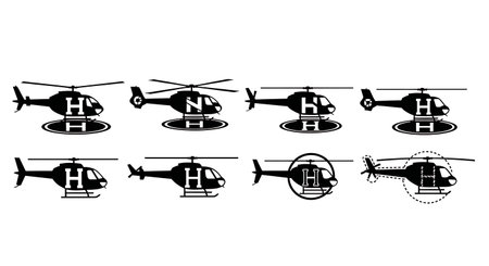 Helicopter Parked on Helipad Silhouette Set isolated on plain white background.のイラスト素材