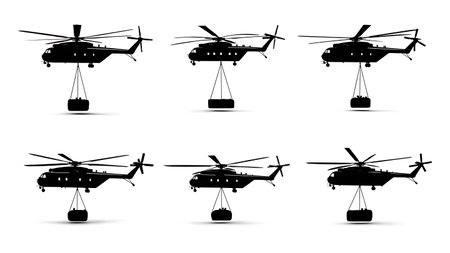 Heavy-Lift Helicopter with Sling Load Cargo Silhouette isolated on plain white background.のイラスト素材