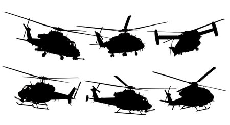 Three-Quarter Front View Helicopter Silhouette Collection isolated on plain white background.のイラスト素材