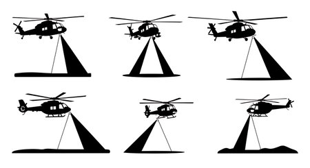 Helicopter with Searchlight Beam Silhouette Set isolated on plain white background.のイラスト素材