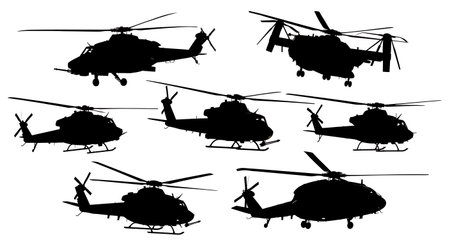 Three-Quarter Front View Helicopter Silhouette Collection isolated on plain white background.のイラスト素材