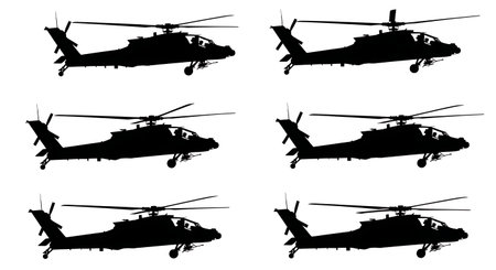 Helicopter Sideways Flight (Strafing) Silhouette Pack isolated on plain white background.のイラスト素材