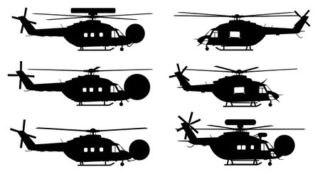 Helicopter with Weather Radar Nose Cone Silhouette Set isolated on plain white background.のイラスト素材