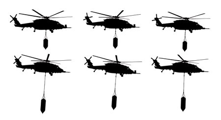Naval Helicopter Deploying Dipping Sonar Silhouette Set isolated on plain white background.のイラスト素材