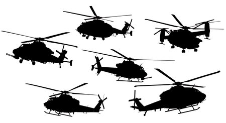 Three-Quarter Front View Helicopter Silhouette Collection isolated on plain white background.のイラスト素材