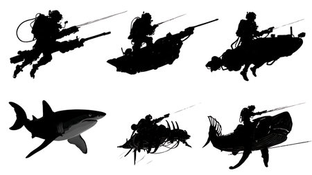 Tactical Hunter vs. Hunted Submarine Engagement Silhouettes isolated on plain white background.のイラスト素材