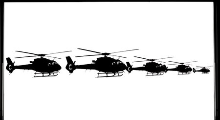 Helicopter Inside Hangar Silhouette Set of Six isolated on plain white background.