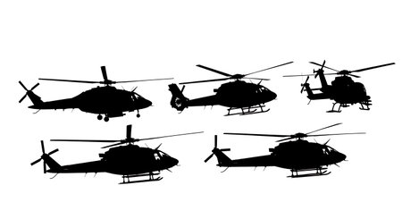 Helicopter Sideways Flight (Strafing) Silhouette Pack isolated on plain white background.のイラスト素材