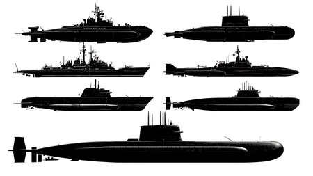 High-Angle View Submarine Silhouette Pack of Six isolated on plain white background.のイラスト素材
