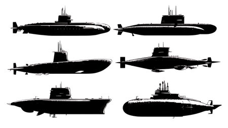 Low-Angle View Submarine Silhouette Vector Pack isolated on plain white background.のイラスト素材