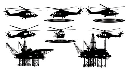 Helicopter & Offshore Oil Rig Platform Silhouette Set isolated on plain white background.のイラスト素材