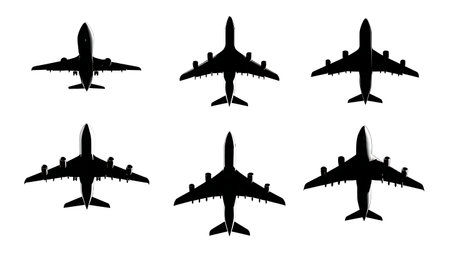 High-Angle View Airplane Silhouette Pack of Six isolated on plain white background.のイラスト素材