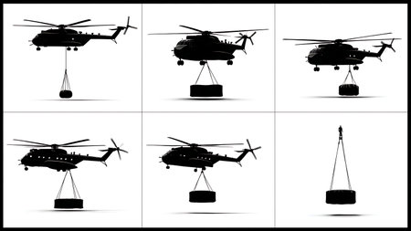 Heavy-Lift Helicopter with Sling Load Cargo Silhouette isolated on plain white background.のイラスト素材