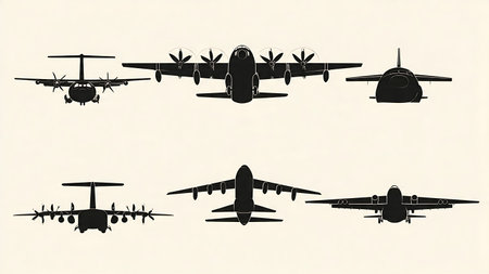 Heavy Cargo & Transport Aircraft Silhouette Pack of Six isolated on plain white background.のイラスト素材