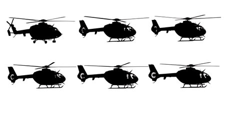 Helicopter with Wheeled Landing Gear Silhouette Set isolated on plain white background.のイラスト素材
