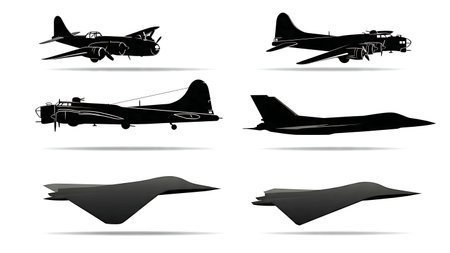 Military Bomber Aircraft Through The Ages Silhouette Set isolated on plain white background.のイラスト素材