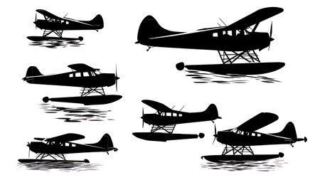 Seaplane and Floatplane Black Silhouette Design Pack isolated on plain white background.のイラスト素材