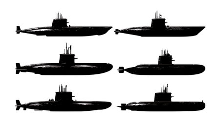 Submarine Firing Countermeasures Silhouette Pack of Six isolated on plain white background.のイラスト素材