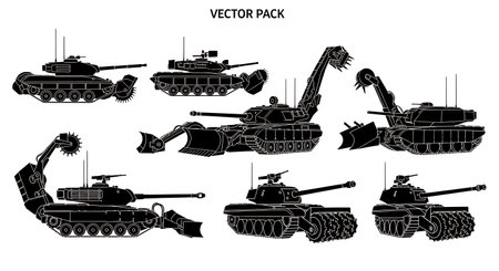 Mine-Clearing Tank Silhouette Pack (Flail, Plow, Roller) isolated on plain white background.のイラスト素材