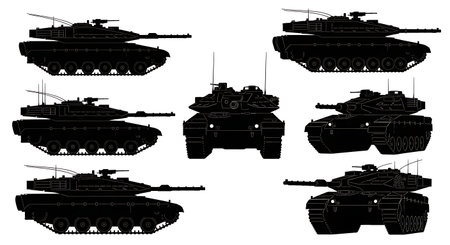 Israeli Merkava Tank Silhouette Design Pack isolated on plain white background.のイラスト素材