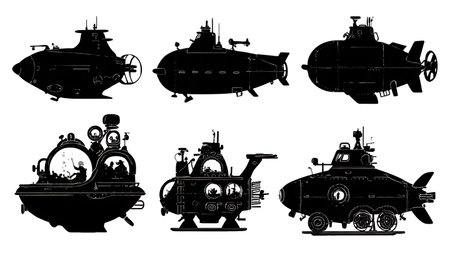 Deep-Sea Research Submersible Silhouette Vector Set isolated on plain white background.のイラスト素材