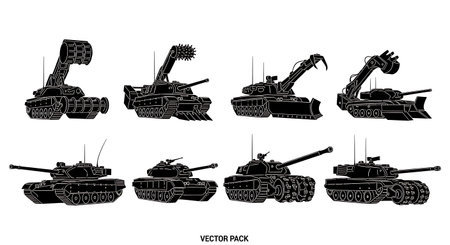 Mine-Clearing Tank Silhouette Pack (Flail, Plow, Roller) isolated on plain white background.のイラスト素材
