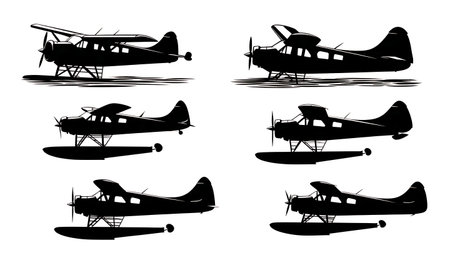 Seaplane and Floatplane Black Silhouette Design Pack isolated on plain white background.のイラスト素材