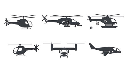 Simplified Helicopter Icons for UI & Signs Silhouette Set isolated on plain white background.のイラスト素材