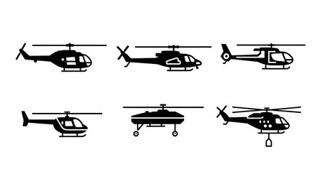 Simplified Helicopter Icons for UI & Signs Silhouette Set isolated on plain white background.のイラスト素材