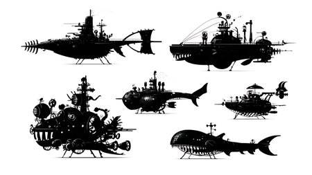 Fictional Steampunk Submarine Silhouette Set isolated on plain white background.のイラスト素材