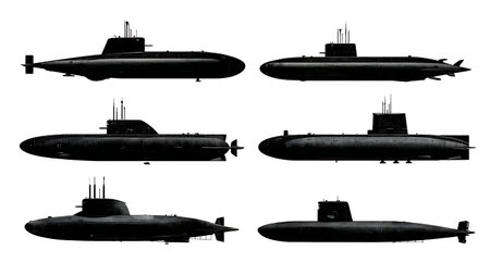 Narco-Submarine & Semi-Submersible Silhouette Set isolated on plain white background.のイラスト素材