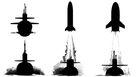 Submarine Launching Anti-Ship Missile Silhouette Pack isolated on plain white background.のイラスト素材