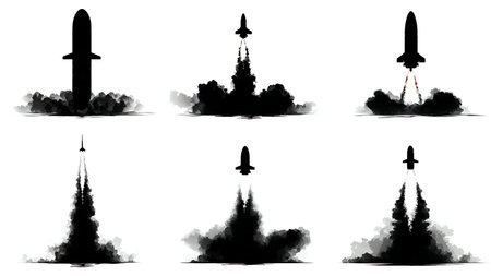 Submarine Launching Anti-Ship Missile Silhouette Pack isolated on plain white background.のイラスト素材