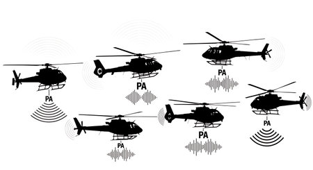 Police Helicopter with PA System & Sound Waves Silhouette isolated on plain white background.のイラスト素材