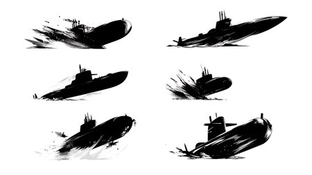 Submarine Crash Dive Maneuver Silhouette Pack of Six isolated on plain white background.のイラスト素材
