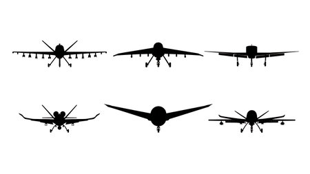 Military Drones & UAVs Silhouette Vector Collection isolated on plain white background.のイラスト素材