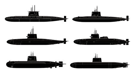 Submarine at Waterline View Silhouette Vector Set isolated on plain white background.のイラスト素材