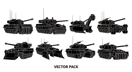 Mine-Clearing Tank Silhouette Pack (Flail, Plow, Roller) isolated on plain white background.のイラスト素材