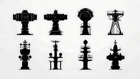 Submarine Periscope & Mast Head Design Silhouette Set isolated on plain white background.のイラスト素材