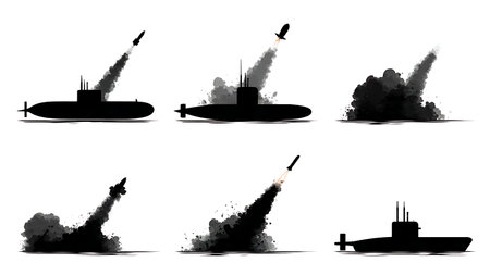 Submarine Launching Anti-Ship Missile Silhouette Pack isolated on plain white background.のイラスト素材