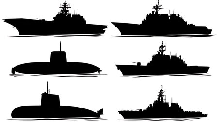 Submarine Passing Under Surface Ship Silhouette Set isolated on plain white background.のイラスト素材