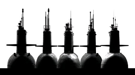 Submarine Sail & Periscope Close-up Silhouette Set isolated on plain white background.
