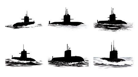 Submarine Surfacing Through Ice Silhouette Set isolated on plain white background.のイラスト素材